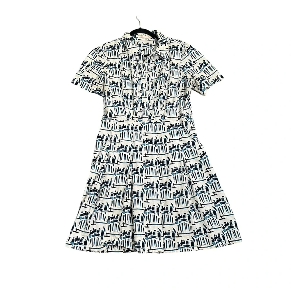Tory Burch geomagnetic Blue and White Patterned pleated Dress size 14